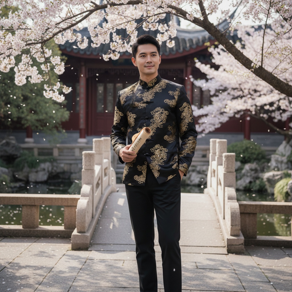 John, a 22-year-old male model, embodies a modern-day scholar against a serene backdrop of traditional Chinese architecture. He wears a contemporary Tang suit made of black silk with intricate gold brocade, framed by an elevated collar. One hand is in his pocket, the other holding an ancient scroll. The tranquil garden features cherry blossoms in bloom, and dappled sunlight filters through the trees. His pose is elegant yet relaxed, emphasizing a blend of classical Chinese aesthetics with modern sensibility. The composition captures a cultural renaissance, inviting quiet contemplation. This image is perfect for a high-fashion editorial or art gallery exhibition.