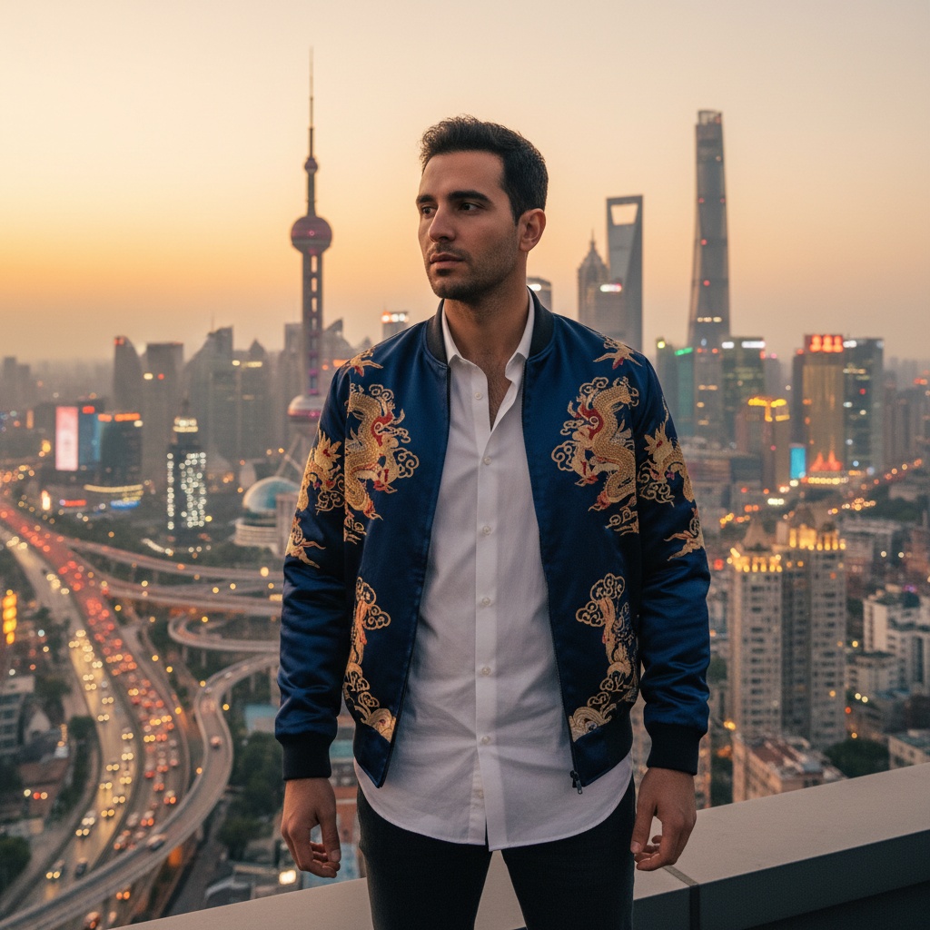 David, a 27-year-old Middle Eastern male, stands atop a sleek high-rise building in Shanghai, embodying the city's futuristic spirit. He wears a tailored midnight blue silk bomber jacket with intricate traditional Chinese patterns, complemented by a crisp white oversized shirt and dark tailored trousers. His contemplative expression, gazing into the vibrant skyline at twilight, captures the essence of a metropolis that never sleeps. The golden hour lighting casts a warm glow, highlighting his strong features as he prepares to leap into the pulsating heart of the urban landscape, evoking feelings of hope and ambition.