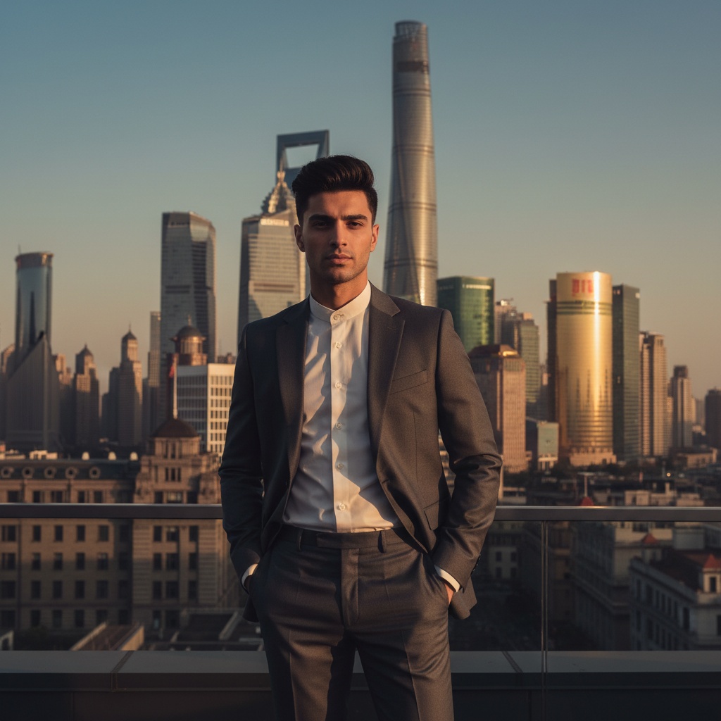 John, a striking 26-year-old male model of Middle Eastern descent standing poised against the vibrant skyline of Shanghai, wearing a tailored charcoal silk suit with a crisp ivory mandarin-collar shirt, exuding relaxed confidence with hands tucked into his pockets. Backlit by the golden hour sun, shadows sculpt his angular features, enhancing his high cheekbones and strong jawline. The intricate silhouettes of the Bund contrast with his contemporary style, while reflective city surfaces echo the elegance of his attire. His sleek, modern quiff adds dynamism, narrating a new generation rooted in heritage and confidently looking to the future. The composition utilizes the golden ratio for exquisite balance between him and the urban landscape.