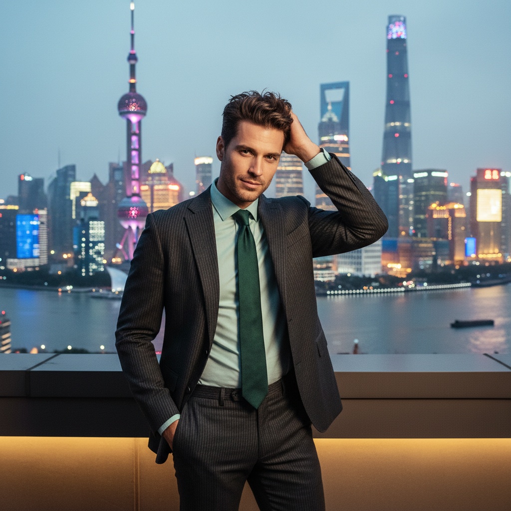 Michael, a 31-year-old male model exuding sophisticated charisma, positioned against the striking urban skyline of Shanghai at dusk. Dressed in a tailored charcoal suit with subtle pinstripes and a deep emerald silk tie, he radiates modern elegance. With one hand in his trouser pocket and the other brushing back his tousled hair, he embodies contemporary charm. The background features the mesmerizing city lights reflecting off the Huangpu River, surrounded by soft, diffused lighting that highlights his features. The scene captures the essence of urban sophistication and ambition, showcasing a dynamic interplay between human elegance and architectural grandeur. The trigger word is included to enhance the image with the desired style.