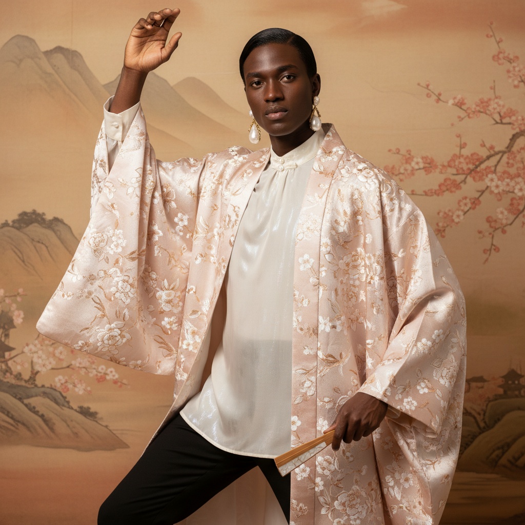David, a striking 28-year-old Black male figure, embodies an opulent Oriental pearl-inspired fashion narrative. He is dressed in a flowing, intricately embroidered kimono made of shimmering ivory and blush silk, adorned with delicate floral motifs. Underneath, he wears a fitted ivory chiffon georgette tunic paired with tailored black trousers. His modern sleek hairstyle frames his angular face, enhanced by ornate pearl earrings that catch the light. He is captured in a dynamic pose at an angle, with one arm raised and the other resting calmly, set against a serene backdrop of warm, muted colors inspired by Japanese silk paintings. Soft, diffused lighting highlights his features, adding a sense of mystery and elegance to the scene, resonating with themes of cultural authenticity and artistic expression.