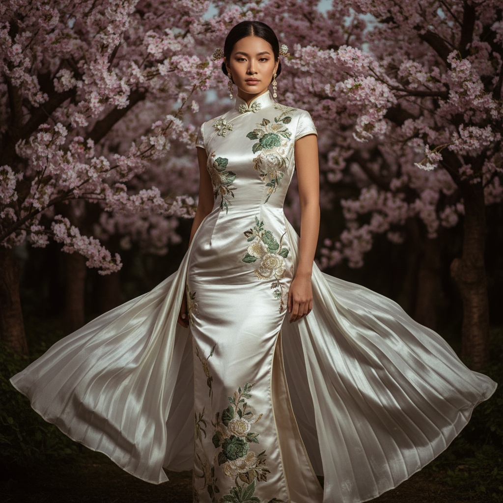 Emily, a 33-year-old Latin woman embodying the essence of an 'Oriental Pearl,' stands gracefully in a luxurious silk cheongsam that shimmers like moonlight over water. The intricate hand-embroidered florals in jade and gold hug her figure perfectly, featuring a fitted bodice and cascading bias-cut panels. Her elegant updo, adorned with jade hairpins, complements the gown's motifs, while pearl earrings frame her serene yet powerful face. Surrounded by cherry blossoms in an opulent garden, soft atmospheric lighting creates a chiaroscuro effect, accentuating her graceful contours. The image captures a blend of elegance, cultural homage, and modern sophistication, reminiscent of classic fashion editorials in Vogue Italia, emphasizing the narrative of femininity and strength.