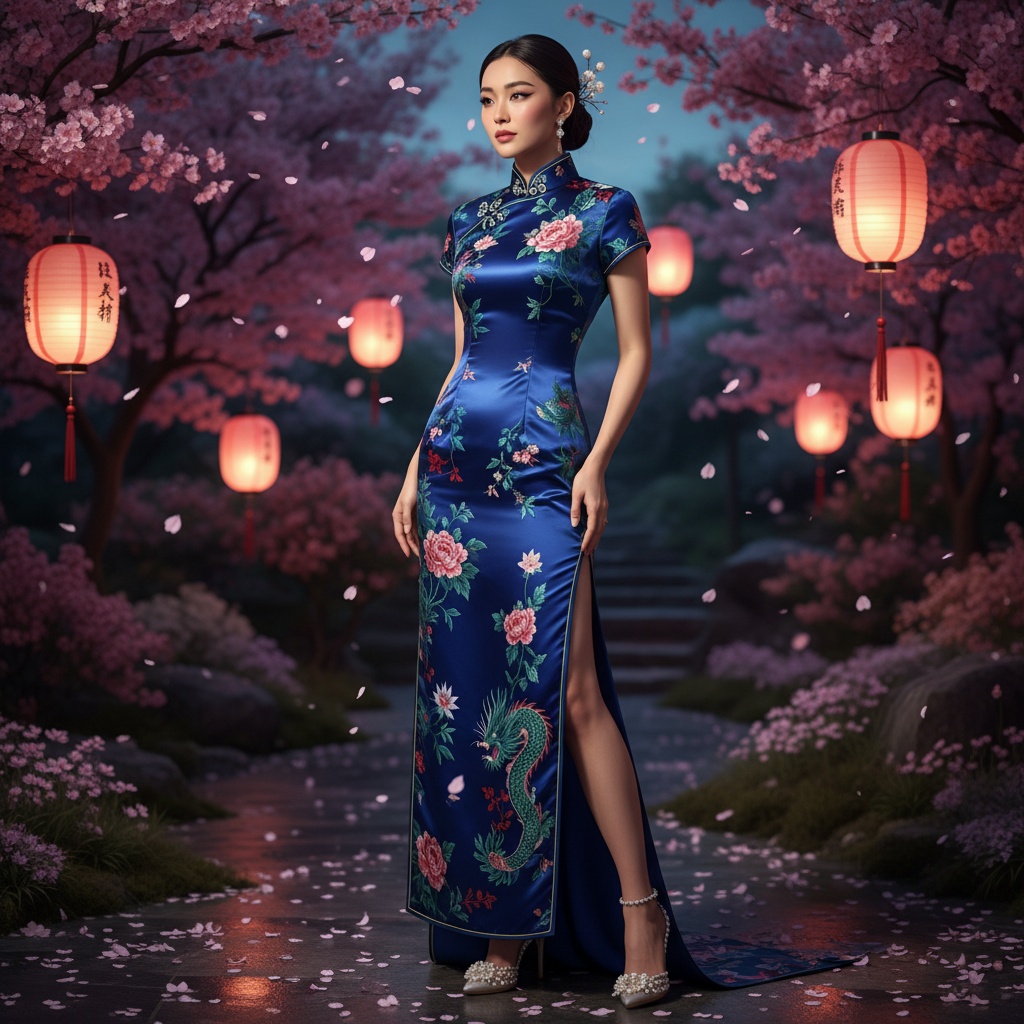 Emily, a captivating 35-year-old Arab woman, embodies the essence of an enchanting Oriental pearl in an exquisite silk qipao, adorned with intricate floral embroidery in jade green and deep crimson. The high collar frames her elegant neckline, while the figure-hugging silhouette features delicate side slits revealing ornate beaded heels. Her hair is styled in a classic chignon with pearl hairpins, enhancing her timeless sophistication. Subtle cat-eye makeup and a soft rose hue on her lips accentuate her almond-shaped eyes. Set in an ethereal garden at dusk, cherry blossoms cascade softly, illuminated by the romantic blush of twilight. Dramatic chiaroscuro lighting emphasizes her serene strength and captivating aura, making the scene suitable for high-fashion publications.