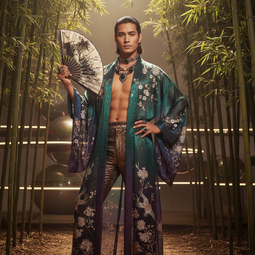 James, a captivating 28-year-old Latin male figure, embodies modern elegance in an avant-garde editorial setting inspired by the Oriental Pearl. Draped in a flowing, floor-length kimono made of silk chiffon in iridescent deep emerald and rich plum, adorned with embroidered floral motifs. He wears tailored brocade trousers peeking beneath the kimono, accessorized with chunky statement necklaces and ornate rings. His pose is both poised and dynamic, holding a vintage fan and placing a hand at his hip, against a softly lit bamboo grove background with ethereal sunlight filtering through leaves, emphasizing the fabric's texture and his sharp features.