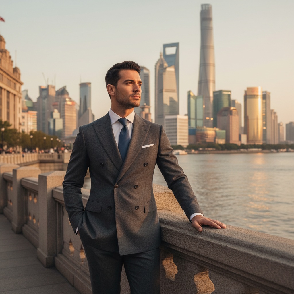 David, a charismatic 33-year-old Latin male model, stands at The Bund in Shanghai, exuding sophistication against the shimmering skyline. He's dressed in a tailored charcoal-grey double-breasted suit made from luxurious wool, with sharp shoulders that complement the Art Deco architecture. His crisp white dress shirt and slate-blue silk tie accentuate his elegant appearance. David strikes a relaxed pose, one hand in his pocket and the other on a vintage stone railing, gazing thoughtfully over the river. The soft golden hour lighting envelops him, highlighting his chiseled features and the intricate details of his attire, set against a backdrop of modern skyscrapers and historic buildings, embodying ambition, elegance, and timeless style. This visual narrative captures the essence of a modern gentleman in a bustling metropolis, resonating with themes of sophistication and vitality.