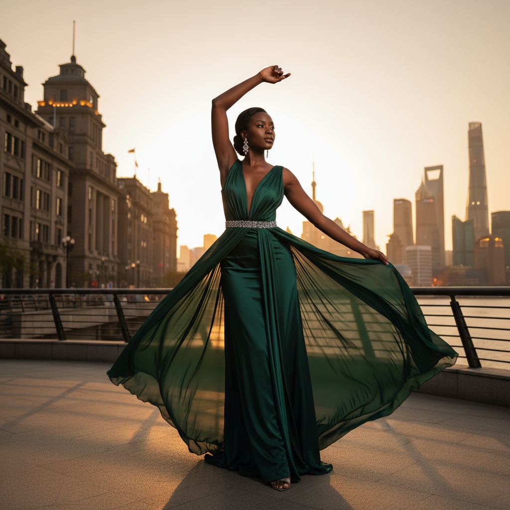 Jane, a captivating 34-year-old black female figure, poised along the iconic Bund in Shanghai, exuding modern elegance. She wears a stunning deep emerald silk chiffon gown with cascading layers, reflecting the gentle waves of the Huangpu River. The gown's plunging neckline and tailored bodice are adorned with subtle crystal embellishments, capturing the warm hues of dusk as golden light illuminates her silhouette. Styled in a sleek updo, she wears vintage chandelier earrings that frame her face beautifully. The historic architecture of the Bund provides a juxtaposing backdrop, creating a narrative of cultural richness. Her confident stance with an elongated arm above her head and one leg slightly forward accentuates both strength and femininity, reinforcing the sophisticated aesthetic of the scene. The photograph's composition embraces the rule of thirds with enchanting shadows, symbolizing a visual manifesto of modern femininity, reflecting tradition and progressive elegance. This image captures the allure of a woman navigating the world with poise and confidence.