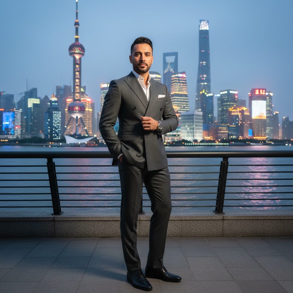 John, a 35-year-old Middle Eastern male figure stands poised on The Bund in Shanghai, enveloped in the soft luminescence of the city skyline behind him. He is dressed in a tailored charcoal grey double-breasted suit crafted from the finest Italian wool, featuring sharp peak lapels and structured shoulders, embodying modern sophistication. A silk white pocket square adds an artful flourish, while his crisp black leather Oxfords ground the look in elegant refinement. His confident stance, with one hand resting in his trouser pocket and the other lightly adjusting his cufflink, projects charm and authority. The atmospheric twilight casts enchanting shadows, highlighting his chiselled jawline and expressive eyes, where a sense of wanderlust and determination reside. The dynamic skyline of glass and steel frames him, creating a living monument to contemporary masculinity. This image captures the essence of a cosmopolitan spirit, resonating with themes of ambition, elegance, and modern urban life.