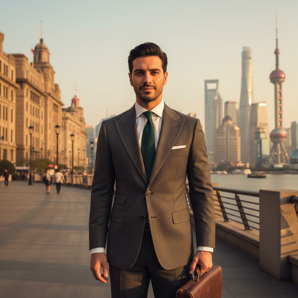 Michael, a 33-year-old Arab male figure embodying modern sophistication, stands poised against the iconic skyline of The Bund in Shanghai. He is clad in a meticulously tailored charcoal-grey suit made of luxurious wool, with sharp lapels and intricately tailored details. Underneath, a crisp white shirt and a deep emerald silk tie complement his elegant outfit. With a slight smirk that conveys charm and mystery, he reveals strong cheekbones and a well-defined jawline. In his hand is a vintage leather briefcase, hinting at ambition and success. The golden hour lighting casts a warm glow, highlighting his features against the dramatic art deco architecture of The Bund, creating a visual narrative of aspiration, sophistication, and the pulse of urban life. This setup captures the essence of a man confidently navigating the past and future in a city that never sleeps.