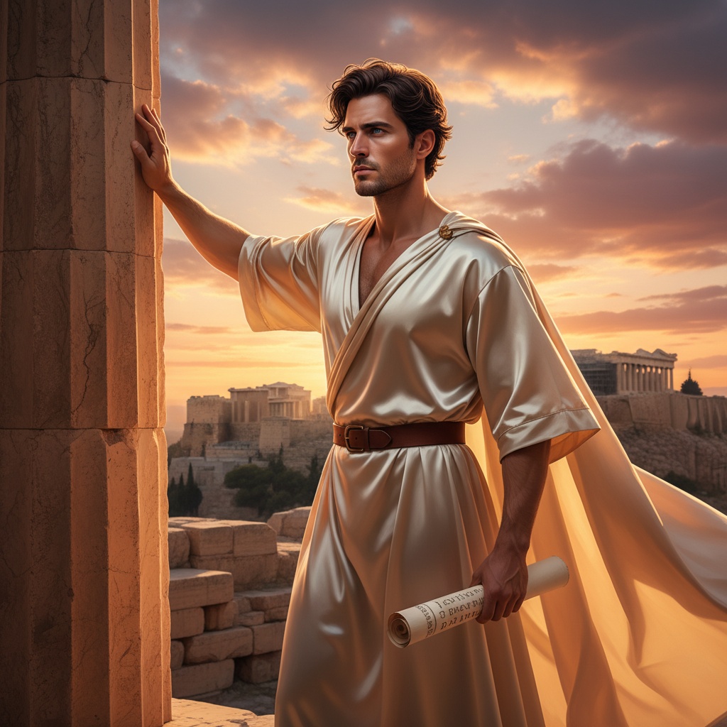 John, a 33-year-old male figure embodying the stoic grace of a classical philosopher, stands against the majestic Acropolis bathed in the golden glow of the setting sun. He wears a floor-length robe made from flowing champagne silk, cinched at the waist with a leather belt. His dark hair is tousled by the Athenian breeze, framing a strong face with piercing blue eyes. He poses powerfully yet contemplatively, one hand on a stone pillar, the other holding a scroll, suggesting deep philosophical thought. The golden hour lighting accentuates the textures of his garment and the historical stone, creating a striking balance between the ancient and the modern, inviting viewers to reflect on the quest for knowledge.