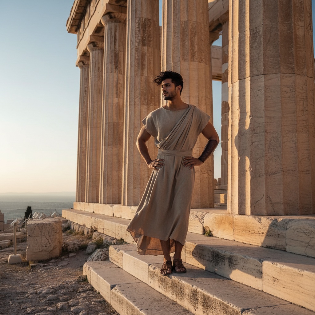 John, a 22-year-old Indian male, exuding a modern Grecian warrior vibe, confidently stands on the ancient steps of the Acropolis at sunset. He wears a tailored, sand-colored linen tunic that drapes elegantly over his athletic frame, with tousled hair catching the soft light. The majestic Parthenon rises behind him, its marble columns casting strong shadows. Positioned slightly angled to the camera, he gazes towards the horizon with a contemplative yet powerful presence, one hand resting on his hip while the other traces the column's edge. The composition uses natural lighting to create a chiaroscuro effect, emphasizing the dialogue between past and present, making this striking visual statement perfect for Vogue Italia. The scene embodies heritage and strength, enriched by the historical weight of the Acropolis.