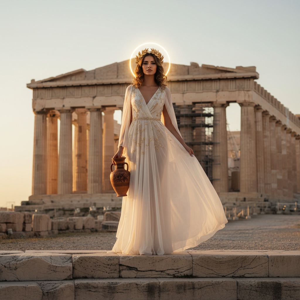 Olivia, a poised 27-year-old Middle Eastern woman, gracefully atop the ancient steps of the Acropolis, embodies the spirit of a modern-day goddess. Draped in an ethereal ivory chiffon georgette gown with delicate gold embroidery, she holds a vintage amphora in one hand while the other rests gently at her side. Her hair, styled in soft waves and adorned with a gold laurel crown, reflects sunlight, creating a halo effect. The Parthenon rises majestically in the background during twilight, with Rembrandt lighting accentuating her regal features and the warm golden tones of sunset enhancing the scene. This image transcends fashion photography to become a cultural artifact, capturing beauty and cultural heritage.