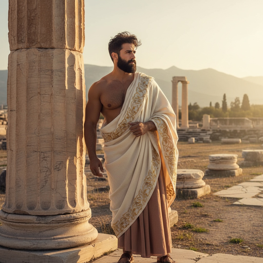 James, a 34-year-old Arab male figure, channeling the spirit of an ancient philosopher, is poised in the sun-drenched ruins of the Ancient Agora. He dons a flowing toga in soft, earthy tones of ivory and clay, intricately embroidered with gold. Leaning against a weathered marble column, his sturdy frame reflects strength and wisdom. His contemplative expression, tousled dark hair, and piercing gaze invite introspection. The golden hour light bathes the scene, casting warm highlights and soft shadows, creating a nostalgic ambiance that emphasizes his stature against the grandeur of the ruins. The composition beautifully captures the timeless quest for knowledge and truth.