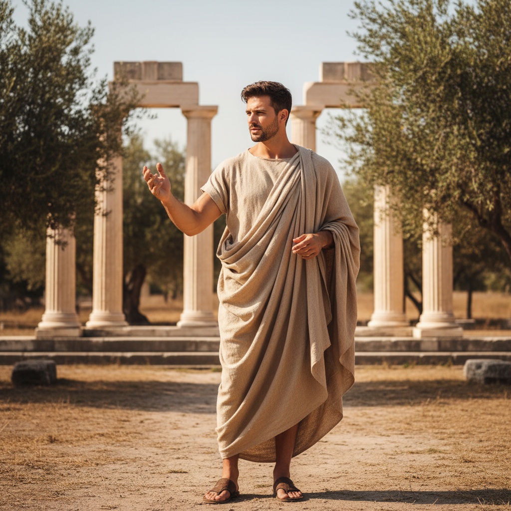 John, a striking male figure aged 28, stands at the center of a sunlit Ancient Agora, embodying ancient wisdom and strength. He wears a draped, earth-toned himation made of lightweight linen, its folds echoing the artistry of ancient Greek sculpture. His poised yet dynamic posture, with one arm lifted as if in conversation, highlights his thoughtful expression reminiscent of a philosopher, reflecting deep contemplation. The backdrop showcases crumbling marble columns and lush olive trees under warm golden sunlight, creating a timeless atmosphere that merges ancient tradition with contemporary sensibility. The image radiates themes of heritage, aspiration, and the quest for knowledge, surpassing time and cultural boundaries.