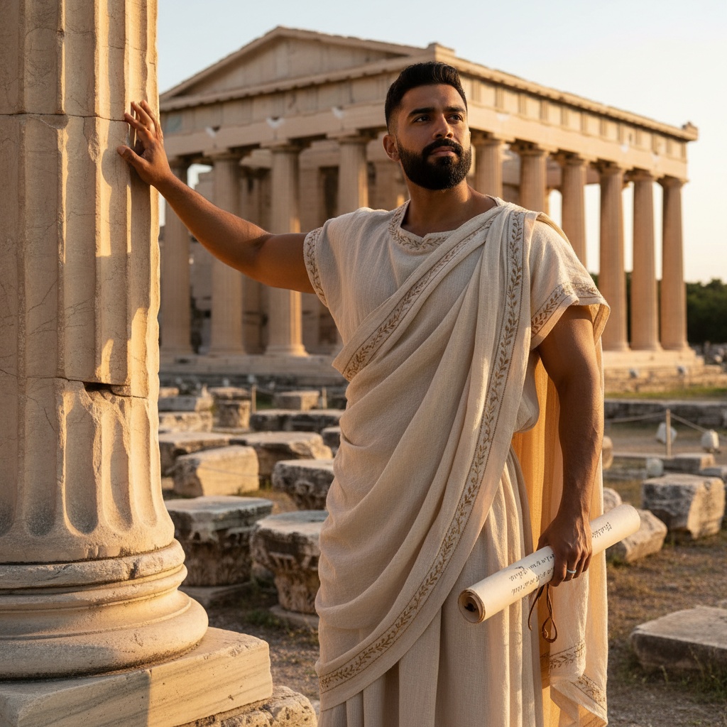 Michael, a 31-year-old Indian male figure reminiscent of a classical Greek philosopher, stands confidently amidst the ruins of the Ancient Agora. He is draped in a flowing linen chiton in soft ochre and ivory, showcasing intricate hand-embroidered details. One hand rests on a weathered column while the other holds a scroll, embodying knowledge and wisdom. The golden hour light illuminates his contemplative expression, enhancing the sculpture-like quality of his physique. Surrounding crumbling marble structures create a powerful backdrop, inviting a dialogue on timeless wisdom. A striking composition blending elegance, heritage, and the quest for knowledge.