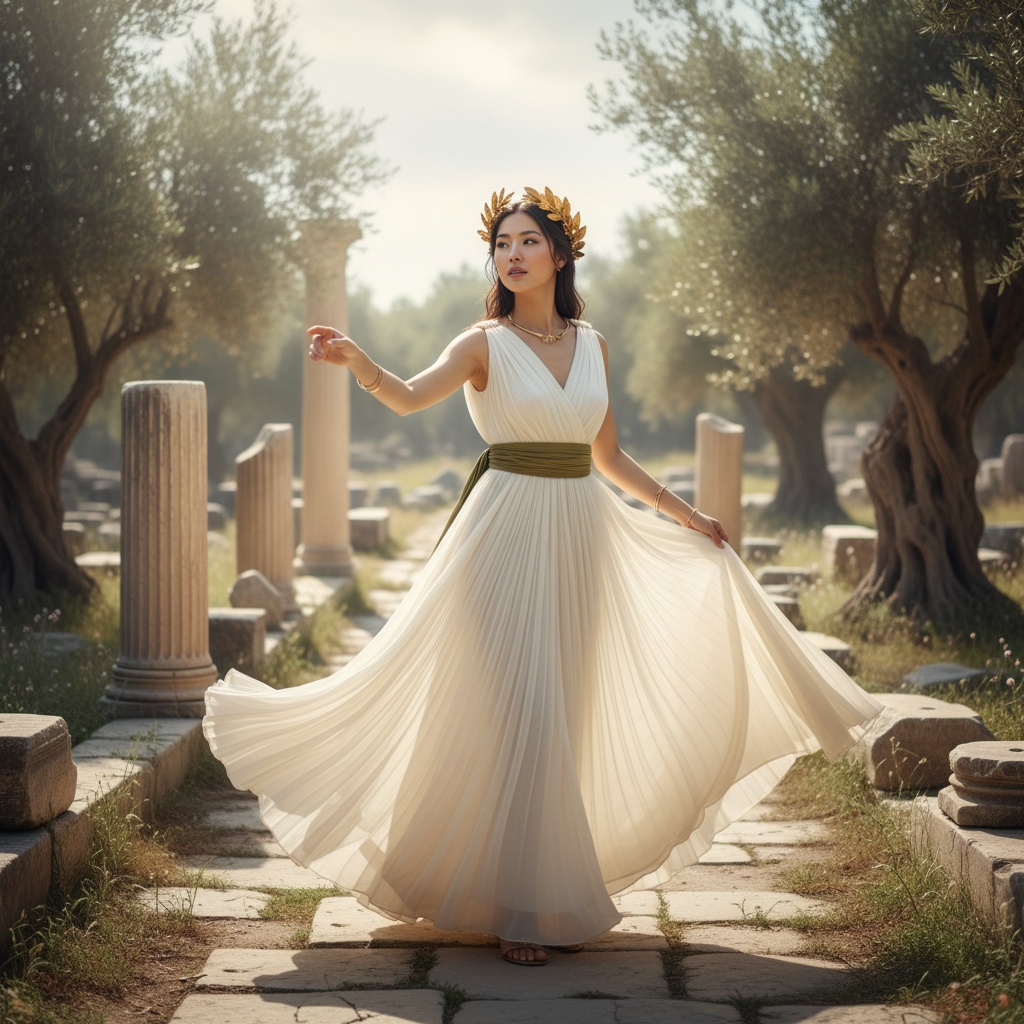 Sarah, a 27-year-old Asian female embodying the grace of a philosopher queen, posed in a sun-drenched Ancient Agora. She wears a flowing gown of ivory chiffon georgette with hand-pleated cascades, cinched by an olive-green sash. Adorned with a laurel crown of gilded leaves and minimal gold jewelry, her strong features exhibit a serene authority. The scene captures her in a graceful turn, one arm extended in invitation, amidst ancient marble columns and olive trees bathed in soft, diffused natural light. The ethereal quality invites viewers to reflect on timeless elegance and wisdom.