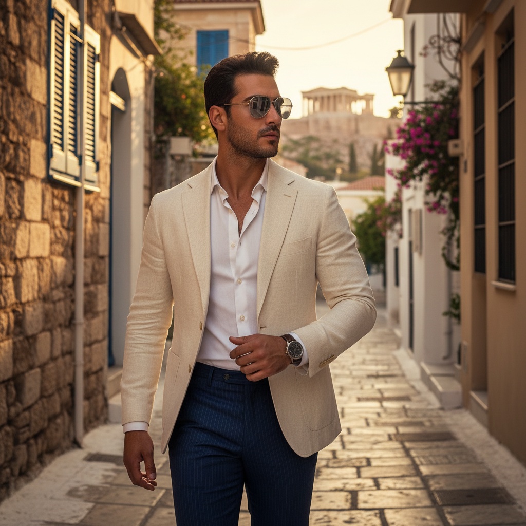 David, a striking 23-year-old Arab male figure, captured in a sun-drenched alleyway of Athens, showcases the blend of contemporary elegance and historical backdrop. Dressed in a tailored ivory linen blazer over a crisp white cotton shirt, he exudes relaxed sophistication with the top button undone. His fitted pinstripe trousers, slim leather wristwatch, and aviator sunglasses emphasize his modern Athenian style. Caught mid-stride during golden hour, the warm light accentuates the texture of his outfit and casts dramatic shadows against ancient architecture. The composition is framed following the rule of thirds, inviting viewers into the vibrant essence of Athens.