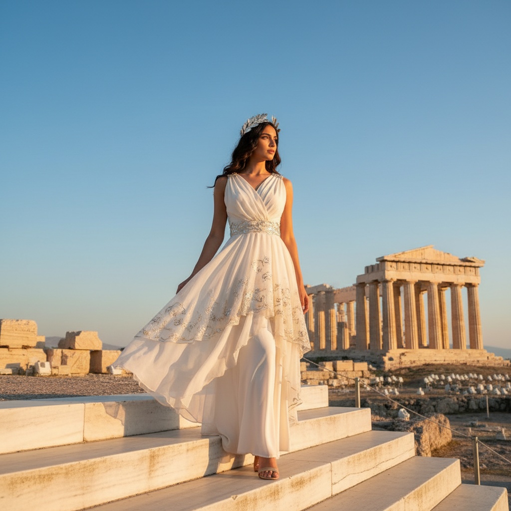 Emily, a 23-year-old Middle Eastern woman embodying the spirit of modern-day Athena, stands poised on the ancient marble steps of the Acropolis in Athens. She wears a flowing, asymmetrical gown in soft ivory chiffon, its ethereal layers reminiscent of classical drapery and adorned with intricate hand-embroidered filigree that glimmers under the Mediterranean sun. Styled in loose waves and crowned with a silver laurel symbolizing wisdom, her soft makeup highlights her radiant features and expressive eyes. As she gazes into the distance, the backdrop of ancient columns against a cerulean sky adds historical depth. The golden hour lighting casts a warm halo around her, creating an evocative image that celebrates empowerment and the cultural richness of Athens.