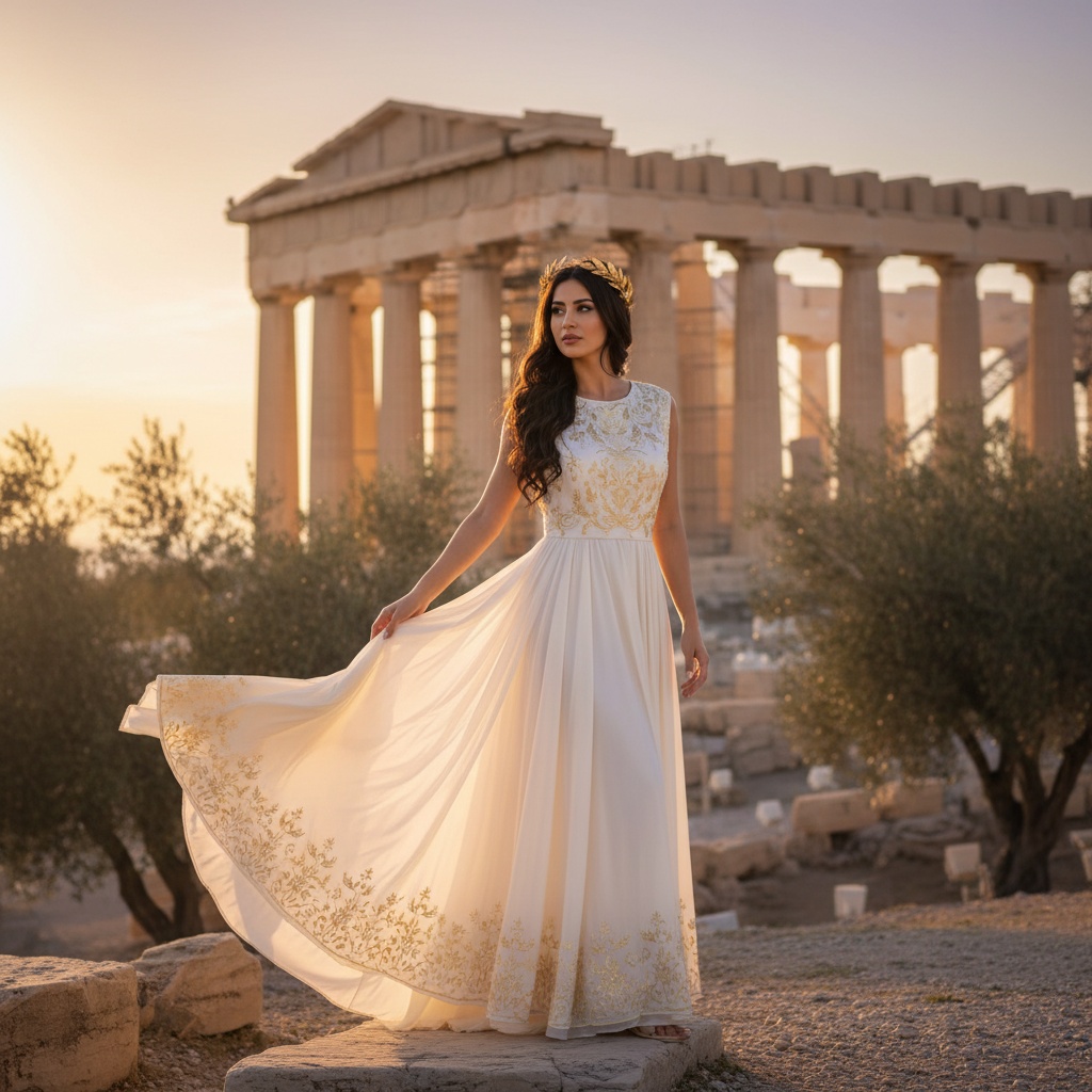 Emily, a 33-year-old Middle Eastern woman embodying the spirit of the ancient goddess Athena, poses gracefully against the Parthenon in Athens. Dressed in a flowing silk chiffon gown in soft ivory with subtle gold embroidery, her hair cascades in soft waves over one shoulder, adorned with a laurel crown glimmering in the warm Athenian sun. The golden hour lighting enhances the ethereal quality of the scene, with blooming olive trees swaying gently in the background, creating a harmonious blend of ancient and modern beauty. The composition follows the golden ratio, positioning her as the focal point, channeling wisdom and strength.