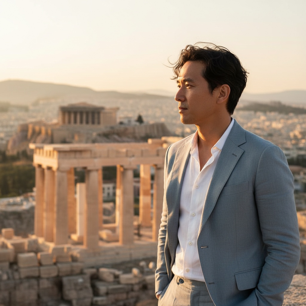 Michael, a distinguished Asian male figure aged 34, stands against the breathtaking backdrop of the Acropolis in Athens. He is dressed in a tailored linen suit in muted slate grey, paired with a crisp, white shirt unbuttoned at the collar, exuding relaxed confidence and sophistication. His tousled dark hair catches the warm Aegean sun, and he gazes thoughtfully into the distance, embodying introspection and depth. The golden hour light enhances the textures of the ancient stone of the Parthenon, creating a striking dialogue between past and present, while he remains the focal point amidst the grandeur of Athens.