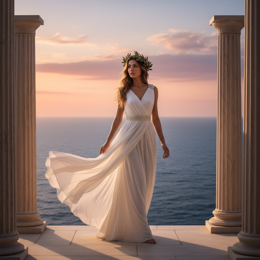 Sarah, a stunning 25-year-old Indian woman, epitomizes Grecian beauty on a sun-kissed terrace overlooking the cerulean Aegean Sea. She stands gracefully against a breathtaking sunset, illuminated in hues of coral and lavender. Draped in a flowing white chiffon goddess gown, the fabric moves gently with the breeze, reminiscent of ancient mythology. Her loose, sun-kissed waves adorned with olive branches complement her serene expression as she gazes toward the horizon, embodying both intelligence and grace, akin to a modern-day Athena. Soft golden hour lighting highlights the intricate details of her gown, with columns of ancient architecture framing the scene, creating a harmonious balance between subject and backdrop. The overall composition resonates with a timeless beauty, evoking longing and nostalgia.