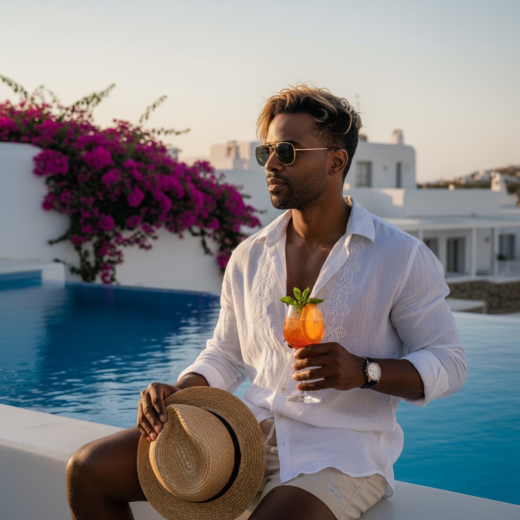 James, a sun-kissed Black man aged 34, embodies effortless charm at the edge of an azure pool in Mykonos. He wears a tailored linen white shirt, unbuttoned over sandy beige swim trunks, highlighted by mother-of-pearl buttons and delicate stitchwork. His tousled, sun-bleached hair complements classic aviator sunglasses resting on his nose. In one hand, he holds a handwoven straw hat, and in the other, a cocktail with a citrus slice. The scene is bathed in golden light as the sun sets behind whitewashed buildings, with vibrant bougainvillea in the background, creating a serene atmosphere that epitomizes Mediterranean luxury. The composition, following the rule of thirds, captures the essence of a luxurious escape in Mykonos, radiating confidence and relaxation.