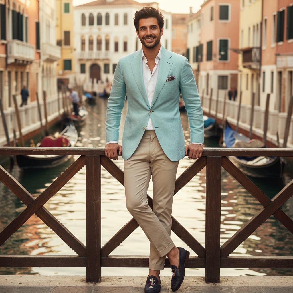 David, a dapper 25-year-old Arab male model embodying the effortless charm of Little Venice. He wears a tailored light linen blazer in soft pastel aqua, paired with a crisp white shirt and tailored chinos that lightly graze his ankles. Chic loafers adorned with nautical motifs complete the look. His tousled hair frames a sun-kissed face with a playful smile. The vibrant backdrop features gondolas reflecting on sparkling water, bathed in soft golden hour light. David stands casually against a wooden railing, inviting the viewer into his idyllic canal day. The composition showcases a blend of leisure and sophistication, perfect for a high-end fashion editorial.