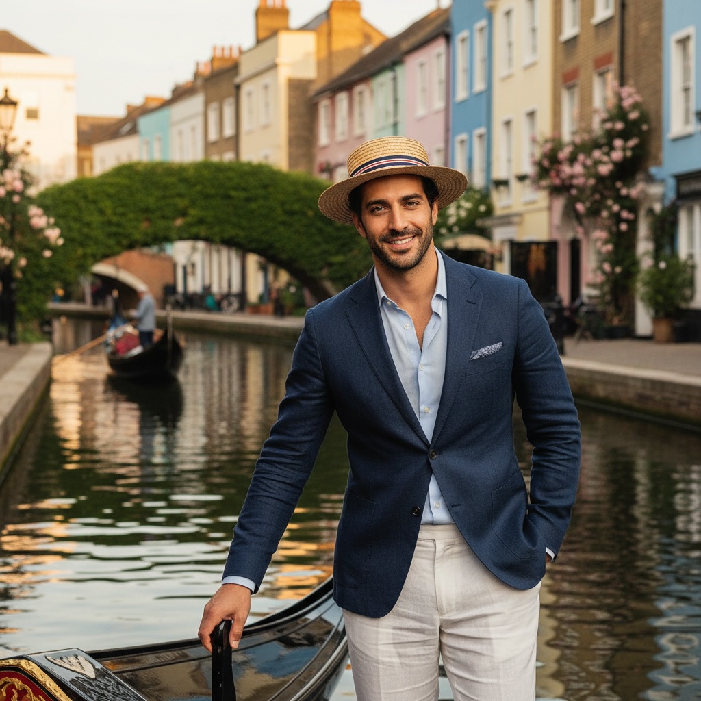 David, a 30-year-old Arab male embodying the charm of a contemporary gondolier, stands elegantly along the picturesque canals of Little Venice. He is dressed in a tailored navy blue linen blazer and crisp white trousers fluttering in the gentle breeze. A classic straw boater hat shades his tousled hair, enhancing his sun-kissed skin. The scene is illuminated by golden hour light, highlighting his confident stance against vibrant pastel buildings reflected in the serene canal. His strong jawline and deep-set eyes with a playful glint suggest a captivating story. The composition balances elegance and adventure, with a gondola gliding in the background framed by blooming vines. He poses casually, one hand resting on the gondola, exuding the magnetism of a modern-day Casanova, capturing the essence of travel and the allure of European charm.