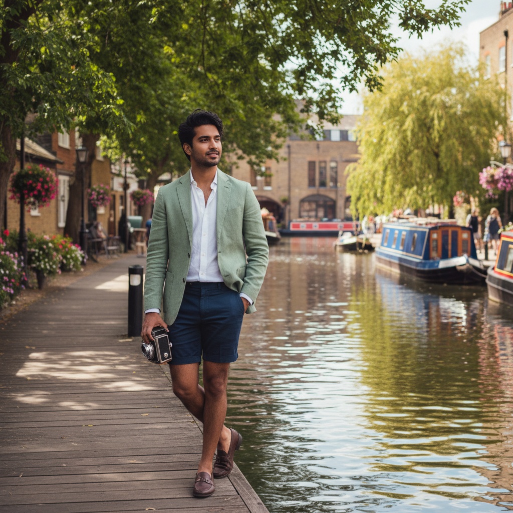 David, a 27-year-old Indian male figure embodying casual elegance, stands on a charming wooden jetty in the picturesque canals of Little Venice, London. He wears a lightweight tailored linen blazer in soft sage green, paired with a crisp white cotton shirt and tailored navy chino shorts. His hair is tousled by the breeze, framing a relaxed yet confident visage enhanced with subtle stubble. Sunlight filters through the trees, casting dappled shadows while shimmering water reflects vibrant colors. He holds a vintage camera, exuding an adventurous spirit; his relaxed stance, one leg bent, projects easy-going confidence. The overall tone is warm and inviting, evoking the romantic allure of summer in an idyllic European setting. The composition follows the rule of thirds, focusing on David amidst the serene backdrop of Little Venice.