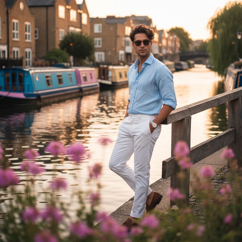 James, a 23-year-old Latin male exuding relaxed sophistication, stands casually at the edge of a canal in Little Venice. He's dressed in a light linen shirt with rolled sleeves and tailored white trousers, framed by vibrant pastel houseboats. During the golden hour, warm light reflects off the water, creating an enchanting atmosphere. His tousled hair flutters in the breeze with sleek tortoiseshell sunglasses resting on his head. As he leans against a rustic wooden rail, the scene captures a sense of adventure and wanderlust, with softly blurred flowers in the foreground enhancing the overall charm of the moment.