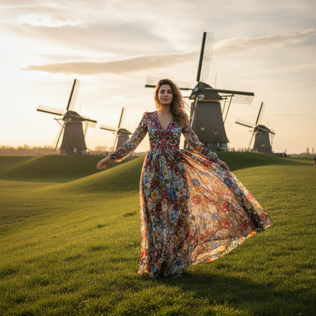 Emily, a 28-year-old Arab woman, stands gracefully on a grassy hill against a backdrop of wind-swept Dutch windmills. She embodies the spirit of freedom and adventure in a vibrant floral chiffon dress that flutters in the breeze, with hand-embroidered details that reflect artisanal craftsmanship. Her tousled, sun-kissed hair cascades down her shoulders, illuminated by the soft, golden light of the late afternoon sun. The iconic windmills rise majestically behind her, creating a striking composition that celebrates the harmony between the subject and her picturesque surroundings. The scene captures the essence of pastoral romance and independence, enhanced by the ethereal quality of natural light.