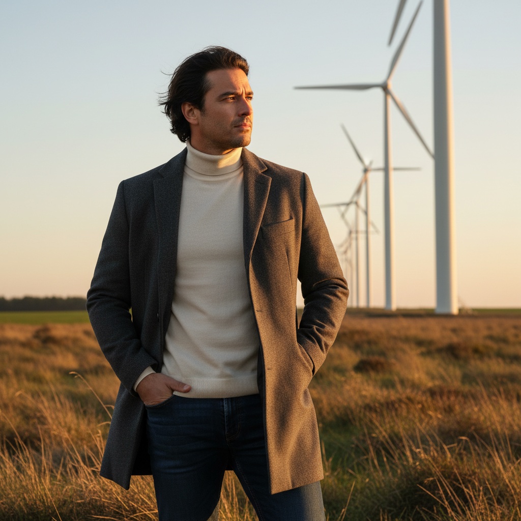 James, a 33-year-old Middle Eastern male figure, embodies rustic yet modern masculinity against a backdrop of towering windmills. He wears a tailored charcoal wool overcoat over a cream cashmere turtleneck, standing relaxed yet assertive with slightly distressed jeans that add a rugged touch. His tousled, medium-length hair is tousled by the wind, harmonizing with the serene, pastoral landscape bathed in soft golden hues at sunset. The scene captures a contemplative gaze toward the future, where human endeavor meets nature, highlighted by long shadows and tactile chiaroscuro effects.