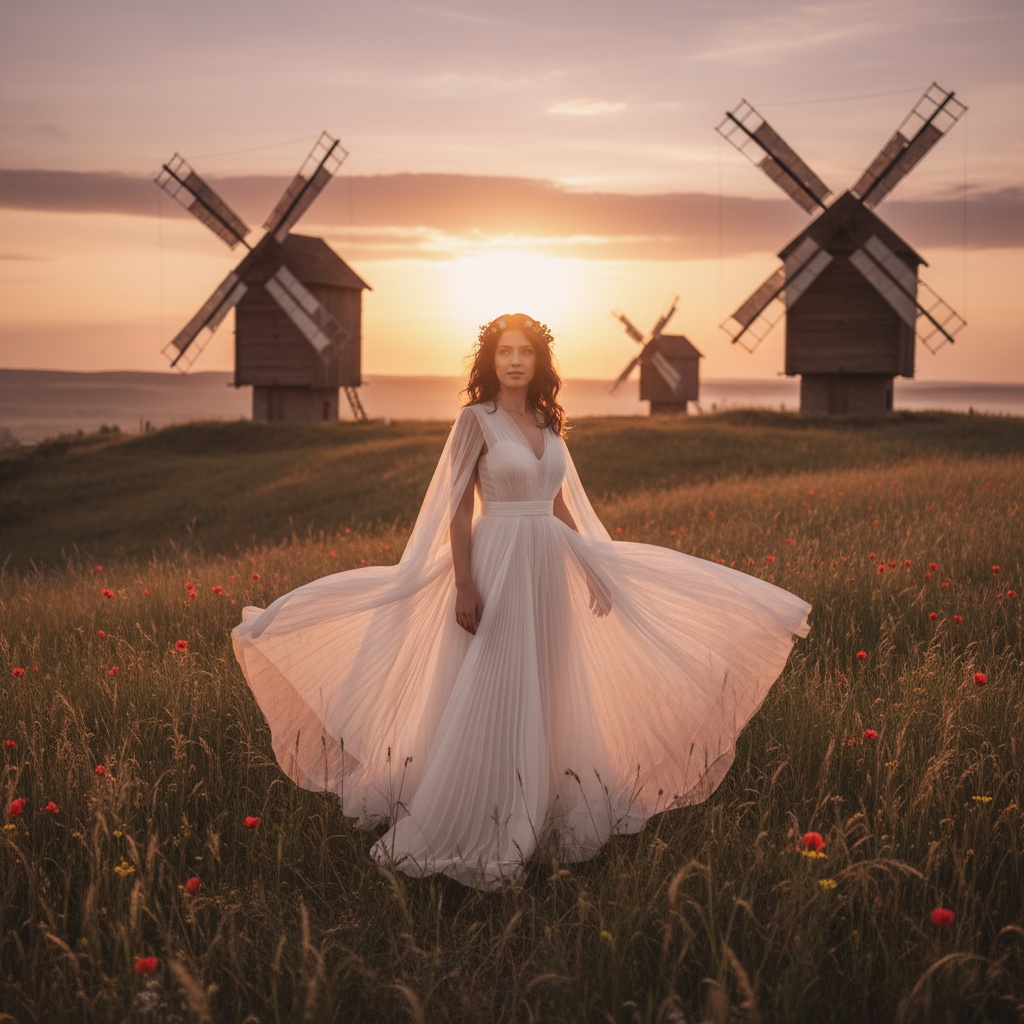 Jane, a 29-year-old Middle Eastern woman exuding ethereal grace, captured on a grassy hilltop amidst ancient windmills. She is dressed in a flowing, ivory chiffon gown that sways with the breeze, featuring delicate tulle illusion overlays and hand-pleated cascades. Her soft waves are adorned with wildflowers, beautifully woven into her hair. The warm golden light of the setting sun creates a soft halo effect, highlighting her features and gown. The composition follows the rule of thirds with windmills framing her, evoking romantic nostalgia in a timeless landscape.