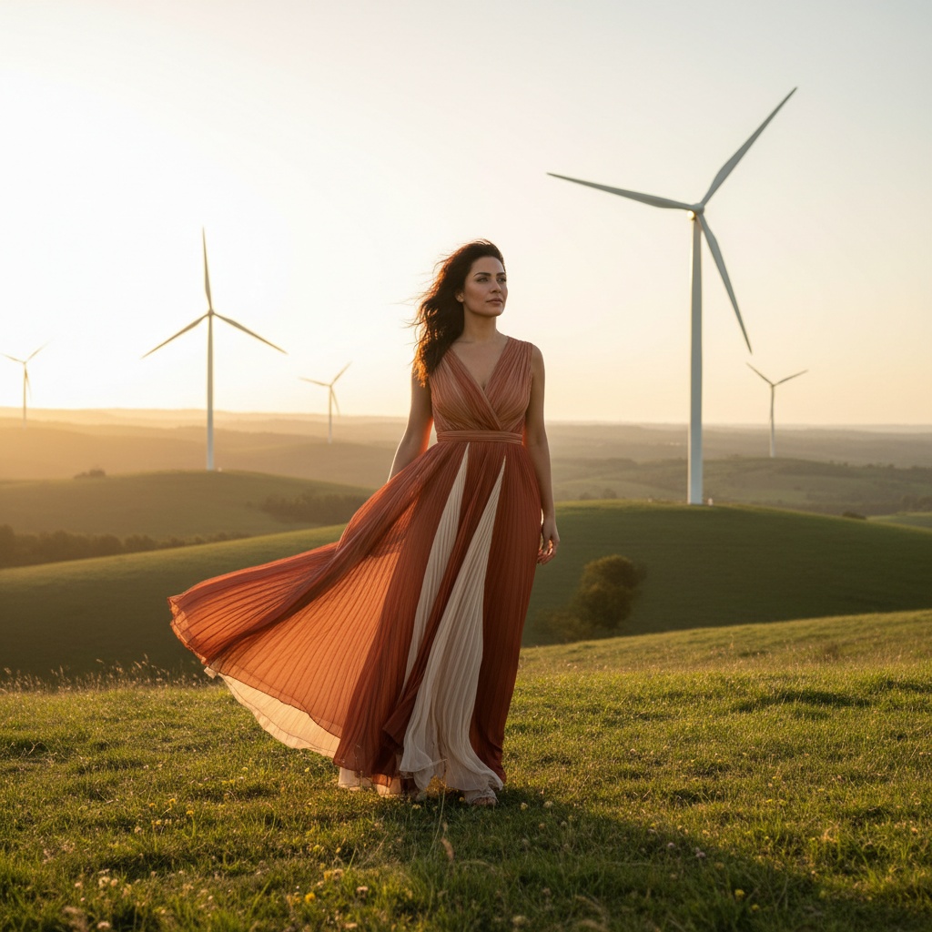 A captivating image of Sarah, a 30-year-old Middle Eastern woman, embodying the essence of a modern-day muse against the backdrop of dramatic windmills on a rolling landscape. She stands poised on a grassy knoll, wearing a flowing, earth-toned chiffon georgette maxi dress that billows in the wind, adorned with intricate hand-pleated cascades in warm terracotta and soft cream. Her hair, tousled by the breeze, frames her sun-kissed visage as she gazes confidently towards the horizon, embodying freedom and a deep connection to nature. The golden hour light creates a warm halo effect around her, casting long shadows across the grass, making her the focal point in this charming portrait of harmony between humanity and nature.