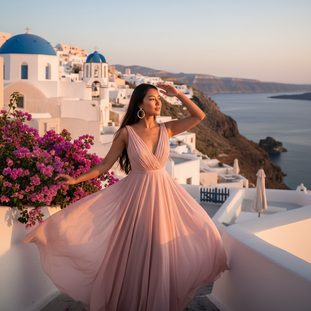 Jane, a beautiful 27-year-old Asian woman, embodies the ethereal beauty of Santorini, captured against the iconic backdrop of whitewashed architecture and cerulean blue domes. She wears a flowing blush chiffon georgette gown, its soft waves mimicking the Aegean breeze, enhancing her sun-kissed skin. Her long hair catches the golden sunlight, and she wears sparkling gold hoop earrings. Standing gracefully on a terrace, she brushes against vibrant bougainvillea while shielding her eyes against the sunset horizon. The pastel sky bathes the scene in a dreamy glow, creating a romantic atmosphere that evokes feelings of wanderlust and joy.