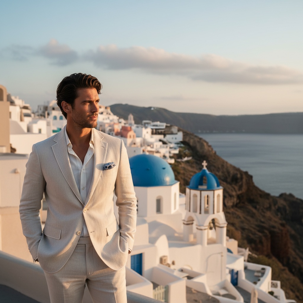 Michael, a 33-year-old male model exuding laid-back sophistication, stands atop the iconic cliffs of Oia, Santorini. He wears a tailored, lightweight linen suit in soft, sun-bleached ivory, expertly crafted with delicate selvedge seams and a relaxed lapel, reflecting modern elegance. His unbuttoned collar reveals a hint of sun-kissed skin, complemented by a subtle blue patterned pocket square. The backdrop features Santorini's white-washed buildings and vibrant blue domes, bathed in the warm glow of the setting sun. Michael's relaxed pose, with one hand in his pocket and the other brushing back his hair, captures the essence of luxury, evoking wanderlust amidst this picturesque landscape. Soft, diffused lighting enhances his features during the enchanting golden hour. The composition employs the rule of thirds to highlight the breathtaking caldera view while celebrating the idyllic beauty of Santorini.