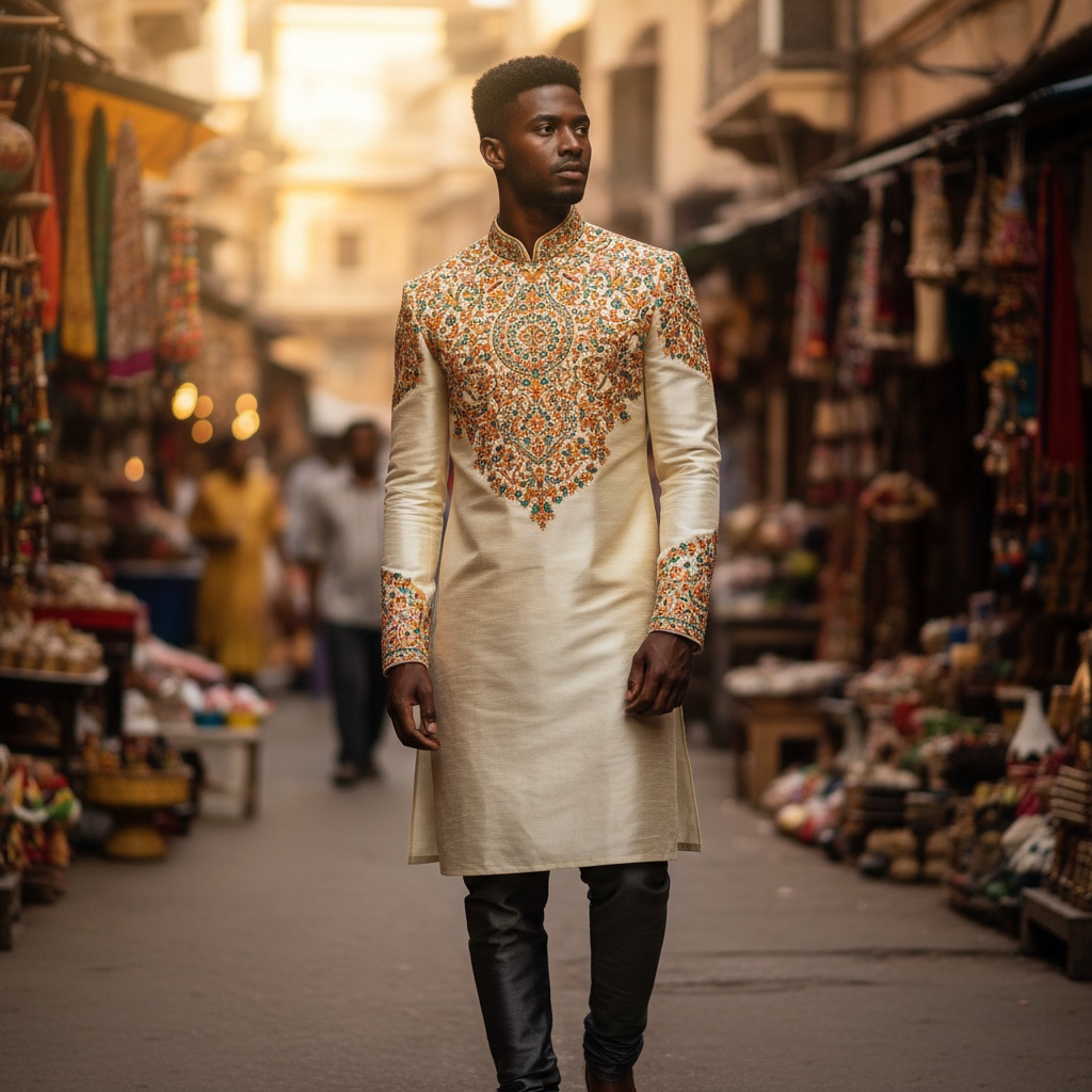 David, a 27-year-old black male model, embodies the vibrant spirit of India in a contemporary fashion editorial. He is dressed in a meticulously tailored ivory silk kurta with intricate saffron and emerald threadwork, complemented by fitted charcoal churidar trousers, emphasizing a modern maharaja aesthetic. The scene is set in a bustling market street in Jaipur, bathed in the warm glow of golden hour light, with colorful textiles and artisan crafts in the background. His pose is relaxed yet assertive as he gazes into the distance, creating a striking interplay of heritage and modern fashion. The photograph employs a shallow depth of field to focus on the kurta's intricate details, capturing a moment of cultural dialogue and identity celebration.