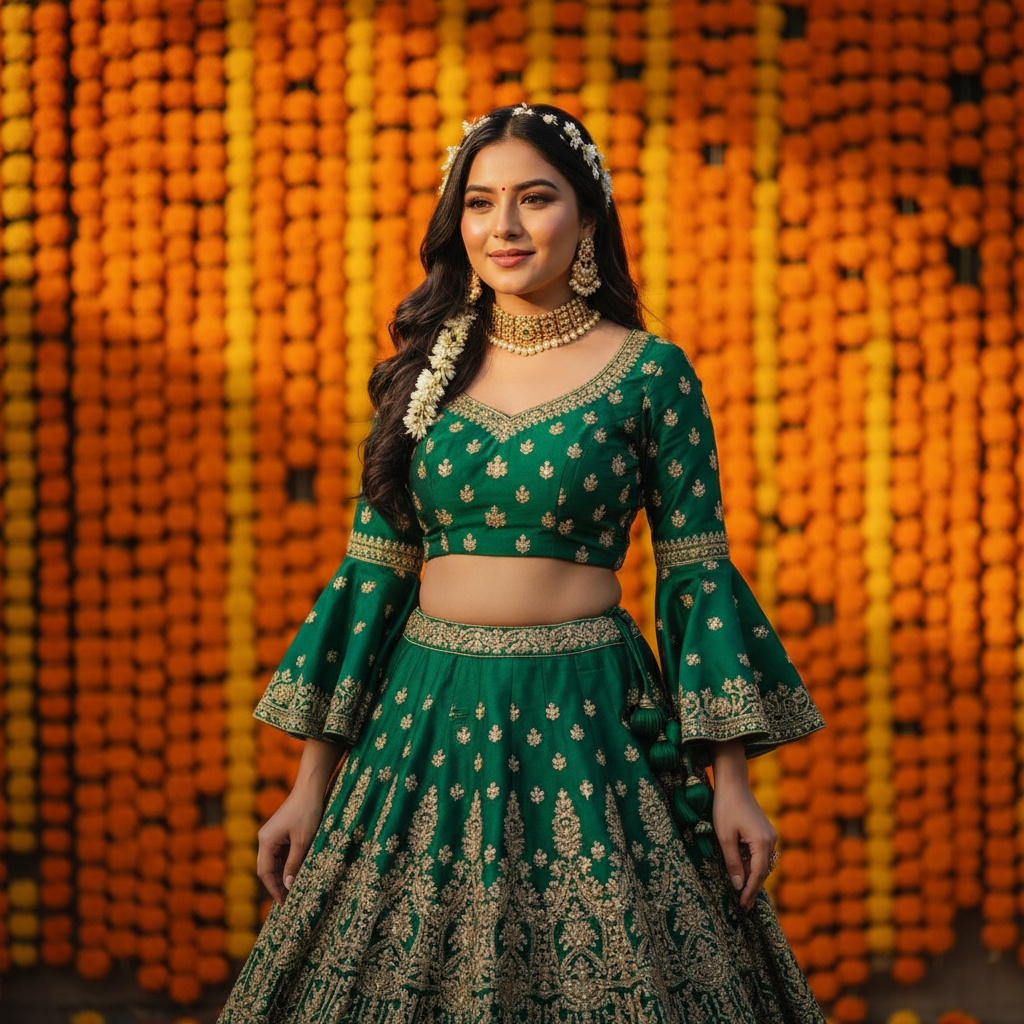 Emily, a 22-year-old Asian woman embodying the essence of modern India, stands poised in a stunning emerald green silk lehenga adorned with intricate gold embroidery. Her blouse features elegant bell sleeves, framing her silhouette, while her long hair cascades in soft waves decorated with fresh jasmine. She wears statement gold jewelry—bold earrings and a choker—complementing her outfit. The vibrant background filled with blooming marigold flowers creates a kaleidoscope of color, and warm sunlight highlights the texture of her attire. Her serene confidence is depicted through her graceful pose. This image captures a moment of cultural pride and modernity, celebrating heritage and individuality. Emily.