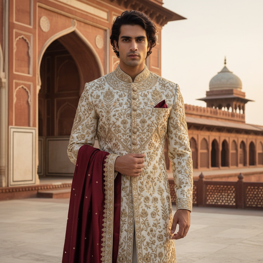 John, a striking 31-year-old male model with Indian heritage, stands poised against an opulent backdrop inspired by Mughal architecture. He wears a tailored sherwani made from rich ivory chanderi silk, adorned with intricate gold embroidery. His deep burgundy dupatta is draped elegantly, cascading to the floor. The model's hair is styled in soft waves, and his piercing gaze conveys a blend of modernity and tradition, reminiscent of a contemporary maharaja. The ethereal lighting captures the warm hues of the setting sun, emphasizing his strong jawline against the majestic architecture, creating a compelling visual narrative of cultural pride and refined masculinity.