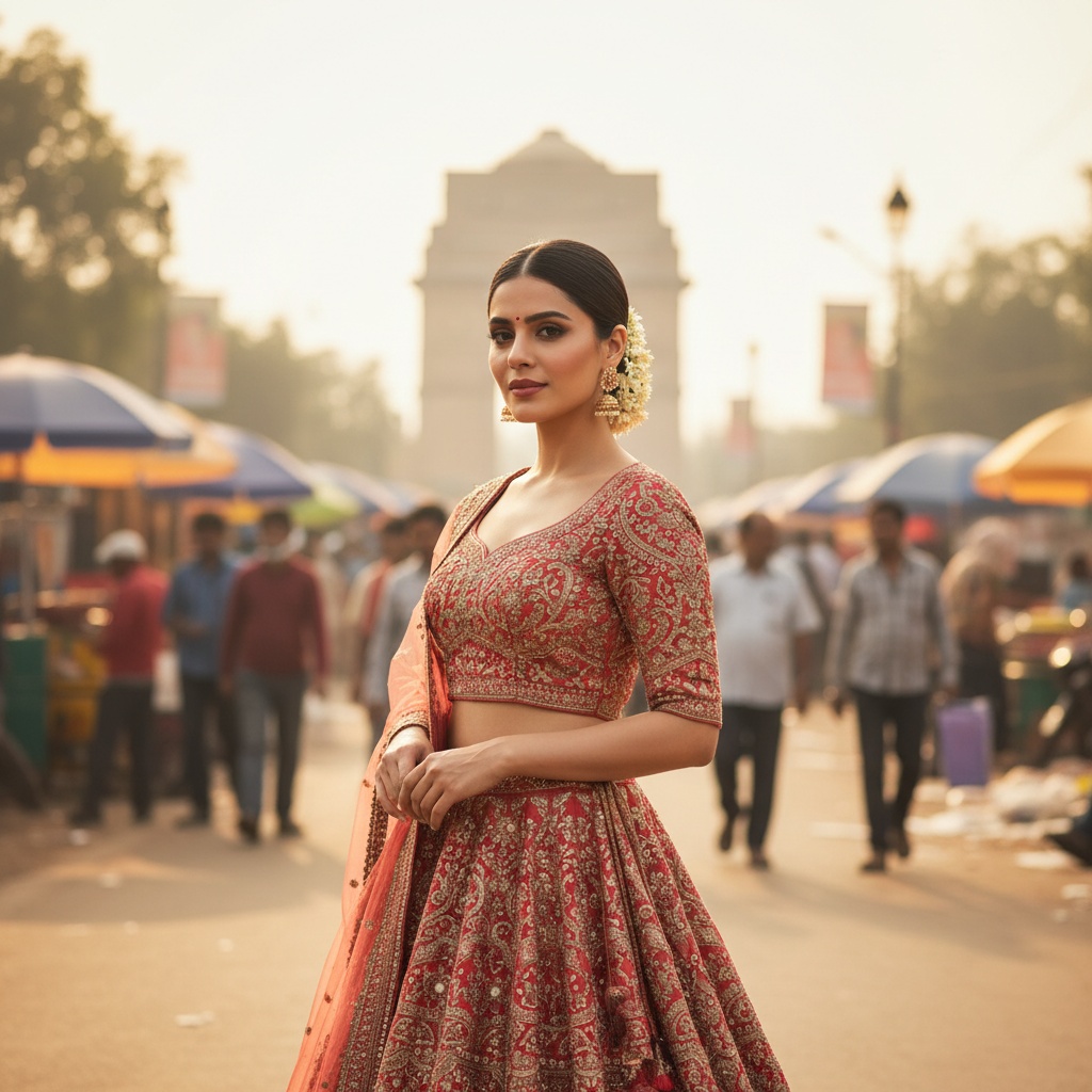 Emily, a captivating 32-year-old Middle Eastern female figure, posed amidst the vibrant chaos of Delhi’s bustling streets. She embodies urban modernity fused with traditional elegance, wearing a luxurious, hand-embroidered lehenga in shimmering hues of deep coral and gold, with intricate zardozi work. Her sleek bun is adorned with fresh jasmine, accentuating her graceful neck, while her soft kohl-rimmed eyes and hint of rose on her lips radiate confidence. The background features colorful street markets and the silhouette of India Gate in soft focus, enhancing her presence. Warm, diffused lighting creates an ethereal glow, making the scene an evocative blend of modern femininity and cultural heritage. The composition captures empowerment and celebration within the vibrant spirit of Delhi.