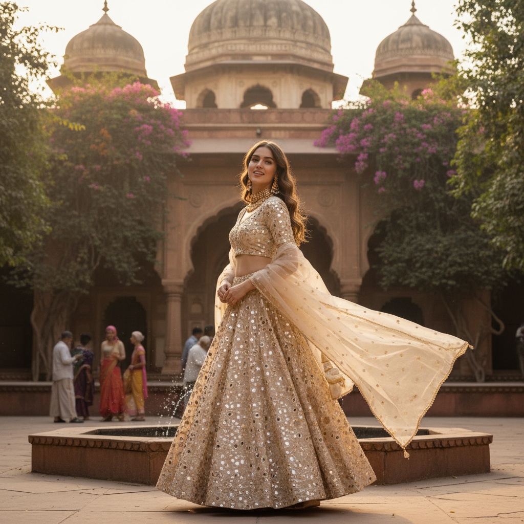 Emily, a 25-year-old white woman, stands confidently in the bustling heart of Delhi amidst a picturesque courtyard of a historic palace. She wears a handcrafted champagne silk lehenga adorned with intricate mirror work, paired with a sheer chiffon dupatta that drapes elegantly over her shoulders. Her gold statement jewelry gleams in the soft golden light filtering through the lush green gardens. Emily's pose exudes grace, with one leg forward and her head turned toward the camera, a playful cascade of hair framing her face. The Mughal architecture in the background enhances the vibrant contrast of modern femininity against tradition, creating a rich and evocative scene.