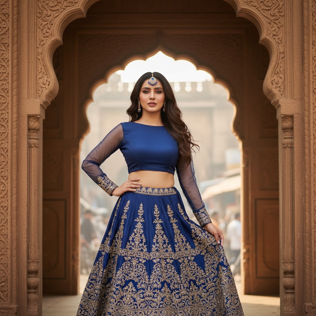 A mesmerizing portrait of Jane, a 28-year-old Middle Eastern woman, embodying the spirit of modern Delhi. She stands poised against an intricate Mughal archway, dressed in a rich, royal blue lehenga crafted from luxurious silk with delicate zari embroidery glimmering in the soft sunlight. Her structured blouse and sheer net sleeves juxtapose modern silhouettes with traditional Indian craftsmanship. A maang tikka adorned with sapphires highlights her features, complemented by warm, natural makeup. One hand rests on her hip while the other tugs at the lehenga as if caught in a gentle breeze. The soft light creates a halo effect around her flowing hair, with bustling Delhi life subtly blurred in the background, enhancing her regal presence and radiating cultural pride and modern femininity.