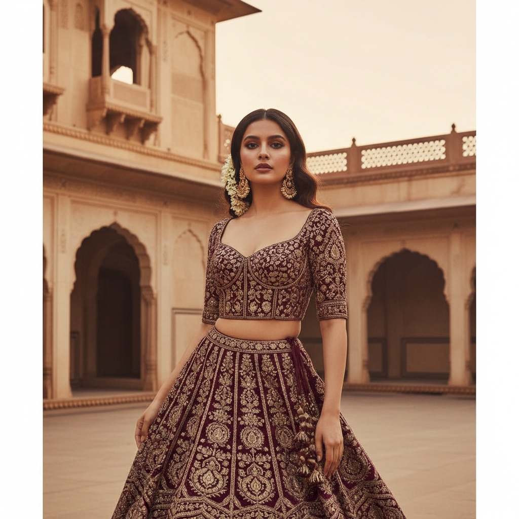 A captivating portrait of Sarah, a 23-year-old Latin woman, embodying the vibrant spirit of Delhi. She wears a richly embroidered lehenga in deep maroon and gold, intricately detailed with traditional motifs, featuring a corseted bodice and flowing silk layers that create a mesmerizing silhouette. Her hair cascades in waves adorned with jasmine flowers, and she sports bold gold filigree earrings with stunning makeup of kohl-rimmed eyes and a muted rose lip. Set in an ornate haveli illuminated by soft golden hour light, the image highlights her elegance against the backdrop of intricate architecture, perfectly capturing the blend of tradition and modernity, showcasing the dynamic spirit of contemporary Delhi. Ideal for an editorial spread in Vogue India.