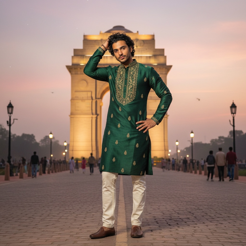 James, a 29-year-old Arab male model, stands poised in front of the iconic India Gate, embodying modern Indian elegance. Dressed in a deep emerald green embroidered kurta with gold motifs and tailored ivory chinos, he captures a blend of tradition and contemporary style. The scene is illuminated at dusk, with soft golden lights enhancing his regal demeanor, while dramatic shadows highlight the intricate embroidery. The relaxed pose, with one hand on his hip and a casual flick of hair, reflects cultural heritage. The sky is painted with delicate pink and lavender hues, adding to the celebratory atmosphere of the moment, resonating with nostalgia and elegance.