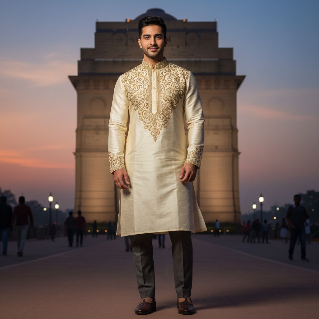 John, a 27-year-old Arab male model, stands confidently in front of the iconic India Gate, blending contemporary and traditional Indian aesthetics. He wears a luxurious silk ivory kurta with intricate gold embroidery and fitted charcoal trousers, embodying modern elegance. His relaxed yet poised posture highlights the monument's grandeur against a dusky evening sky of warm oranges and deep blues. Soft golden hour light illuminates the scene, emphasizing his chiseled features and the delicate fabric, while the India Gate frames him symbolically, showcasing cultural pride and sophistication.