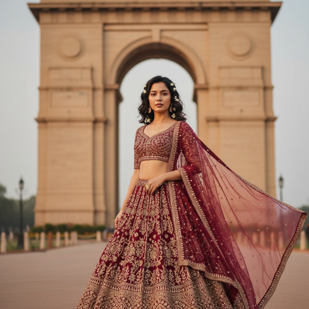 A striking portrait of Sarah, a 24-year-old Asian female model, poised elegantly in front of India Gate. She is draped in a flowing, hand-embroidered lehenga in rich burgundy and gold, showcasing intricate zardosi work that cascades around her. A sheer dupatta is artfully draped over one shoulder, fluttering in the gentle breeze. Her soft waves of hair are adorned with jasmine blossoms, adding a touch of romance. Sarah's expression embodies quiet strength, with eyes glimmering in the warm, golden light of dusk that envelops her. The majestic backdrop of India Gate complements her regal presence, shot with a shallow depth of field to ensure sharp focus on her amidst a softly blurred background, encapsulating a blend of tradition and modernity.