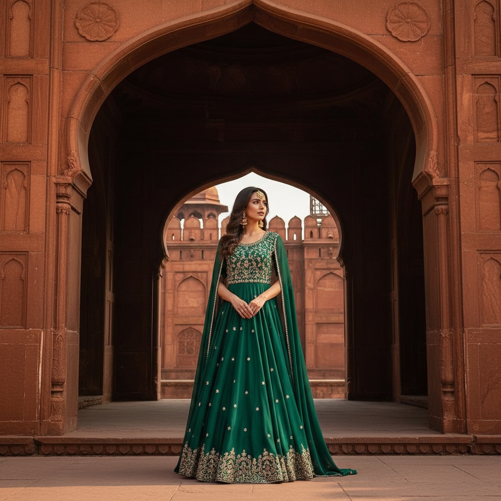 Emily, a striking 22-year-old woman of Latin descent, stands gracefully poised in an archway of the Red Fort in Delhi, embodying the essence of a modern Mughal princess. She wears an exquisite, emerald green anarkali gown made of luxurious silk chiffon, intricately embroidered and beautifully draped. Her soft, cascading waves and traditional gold jhumka earrings enhance her classic beauty against the warm red sandstone background of the fort. Natural light filters in, creating charming dappled patterns on her gown. The composition captures her serene expression, evoking timeless beauty and heritage, perfect for a luxury bridal magazine.