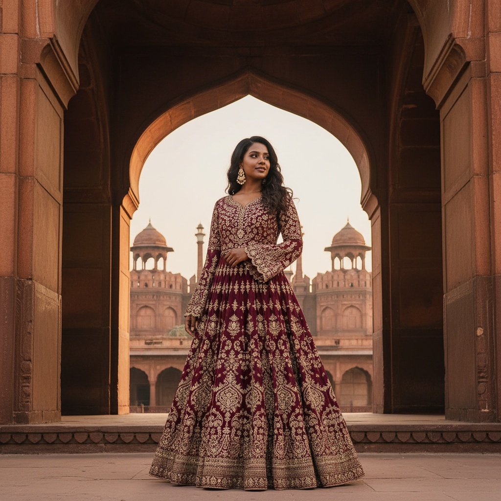 Emily, a captivating 27-year-old black woman, stands poised against the majestic backdrop of Delhi's Red Fort. She wears a flowing anarkali gown, intricately embroidered with gold thread that captures the warm hues of the fort's sandstone architecture. The gown features long sleeves with delicate lace cuffs, embodying Mughal fashion artistry. Her dark hair cascades in soft waves, adorned with intricate jhumka earrings that glimmer in the golden hour light. Positioned gracefully within the iconic arches, she radiates timeless elegance. The scene is bathed in a warm glow, emphasizing her serene expression and quiet strength, thus celebrating the glorious heritage of Indian culture. The composition incorporates the rule of thirds, blending architectural grandeur and human beauty, creating a visually striking homage to history. The trigger word 'Emily' invokes a contemporary reinterpretation of this regal portrait.