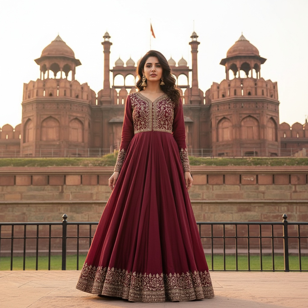 Emily, a captivating 28-year-old Middle Eastern woman, elegantly poised in front of the majestic Red Fort in Delhi. She is wearing a stunning floor-length maroon silk anarkali gown adorned with intricate gold embroidery, which echoes the fort's Mughal architecture. With her hair styled in loose waves and antique gold jhumka earrings glimmering in the sunlight, she embodies both traditional and modern aesthetics. The golden hour lighting casts a soft glow, enhancing her features and the gown's details against the iconic red sandstone backdrop, celebrating the fusion of cultural heritage and contemporary beauty.