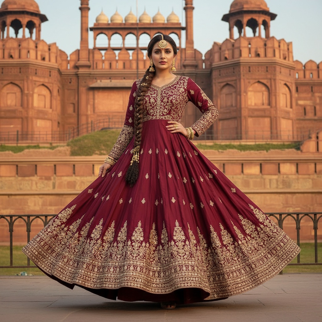 Jane, a captivating 35-year-old woman, stands regally at the Red Fort, embodying the essence of a modern-day empress. She wears a breathtaking, flowing anarkali gown in deep maroon silk, embellished with intricate gold zari embroidery. The soft golden hour light enhances her features and highlights the gown's ethereal silhouette. Her long dark hair is intricately braided, adorned with traditional gold jewelry, and a shimmering maang tikka rests on her forehead. The majestic ancient sandstone walls of the fort create a striking backdrop, with intricate carvings and expansive arches framing her figure. Her confident pose captures a blend of grace and strength, evoking a rich narrative of heritage and power.