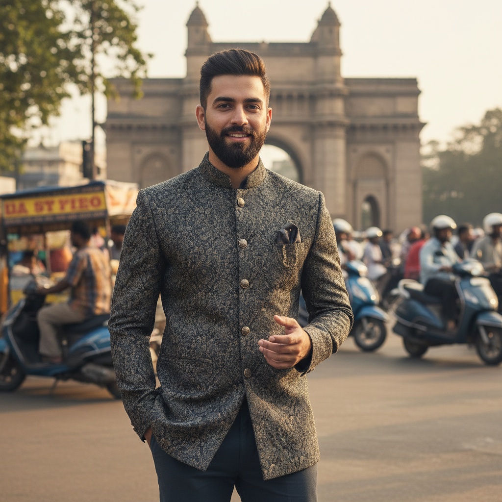 David, a 26-year-old male model, embodies the vibrant spirit of Mumbai, standing confidently amidst the bustling streets of Colaba. He is dressed in a tailored, charcoal-gray sherwani made from intricate brocade with delicate gold embroidery, showcasing modern Indian fashion while honoring traditional elegance. One hand rests casually in his pocket as the other gestures in conversation, exuding warmth and approachability. His neatly styled hair and well-groomed beard enhance his youthful charm. The background features the colorful chaos of Mumbai life—vintage scooters, lively street vendors, and the iconic Gateway of India, creating a lively backdrop. Soft, diffused sunlight bathes the scene, casting a warm, golden glow that emphasizes the rich textures of his outfit. The composition uses a rule of thirds perspective, drawing the eye to his confident stance amid the vibrant city life, reflecting a sense of adventure and cultural pride.